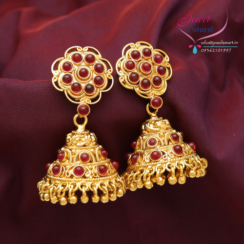 Gold Plated Kempu Temple Stones Jhumka Earrings Delicate Handmade