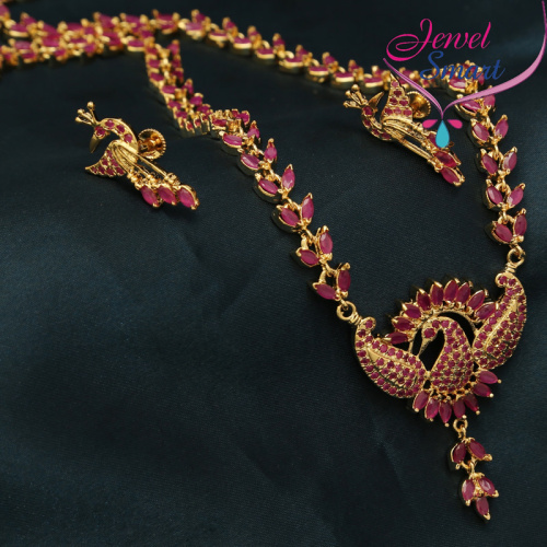 Gold Plated Semi Precious Ruby  Long Necklace Earrings
