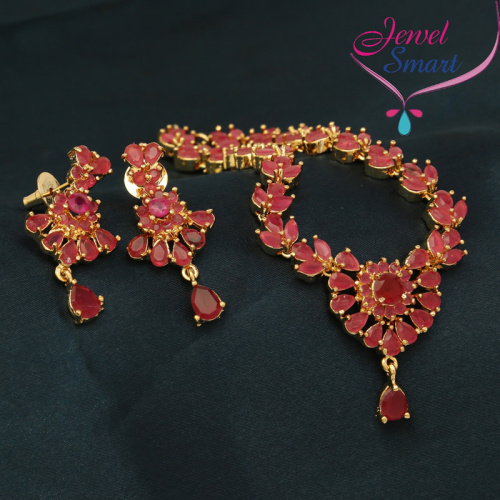 Gold Plated Ruby Stones Marquee Stones Necklace Earrings