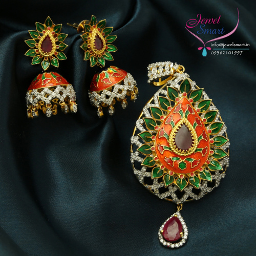 Cubic Zircon Semi Precious Leaf Design Meena Work Embossed Pendant Set Earrings