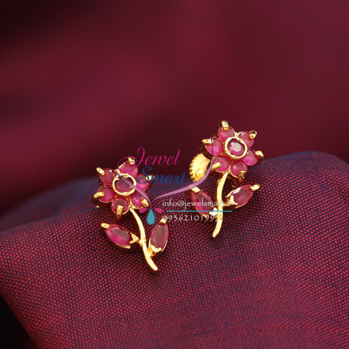 Gold Plated Screw Tops Ruby Earrings Indian Traditional Gold Work Imitation Jewelry