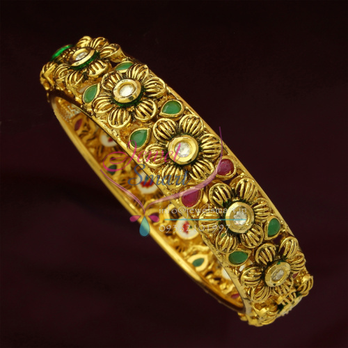 2.6 Size Real Kundan Bangle Semi Precious Ruby Emerald Stones Meena Work