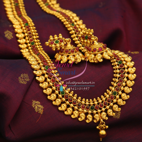 Indian Traditional Mango Design Temple Kempu Stones Long Necklace Jhumka Earrings