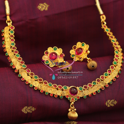 Indian Imitation Fashion Jewelry Temple Kempu Gold Plated Necklace Earrings