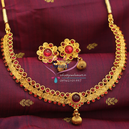 Indian Imitation Fashion Jewelry Temple Kempu Gold Plated Necklace Earrings
