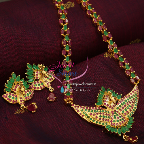 Indian Traditional Fashion Jewelry Gold Plated Ruby Emerald Peacock Necklace Earrings