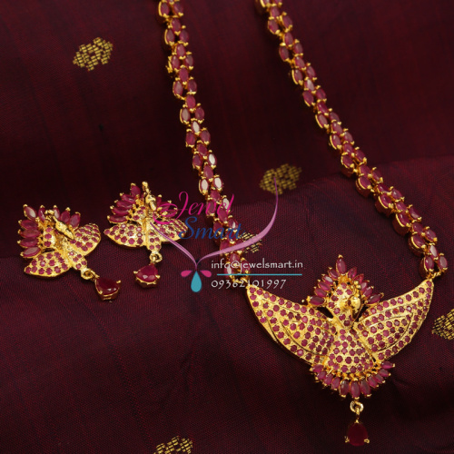 Indian Traditional Fashion Jewelry Gold Plated Ruby Peacock Necklace Earrings