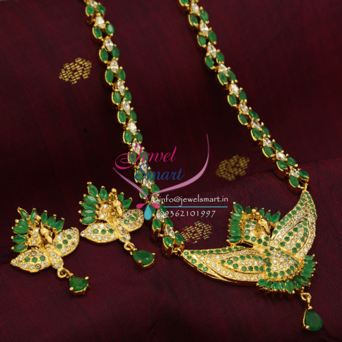 Indian Traditional Fashion Jewelry Gold Plated Emerald White Peacock Necklace Earrings