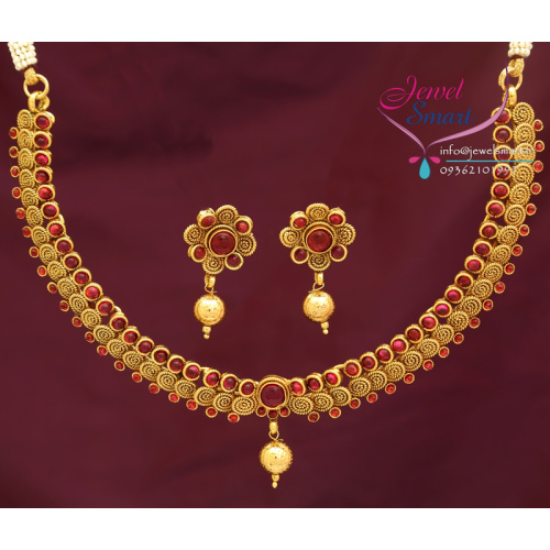 Kempu Temple Stones Necklace Gold Plated Antique Finish Earrings NL0278