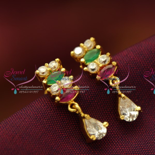 Gold Plated Screw Tops Ruby Emerald Earrings Indian Traditional Gold Work Imitation Jewelry