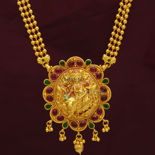 Kempu Temple Stones Gold Plated Long Necklace Jhumka Earrings