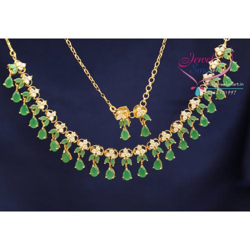 Emerald American Diamond Stones Necklace Earrings 