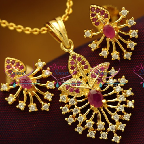 PS0068 Ruby CZ Small Gold Plated Pendant Earrings Chain Fashion Jewellery Buy Online