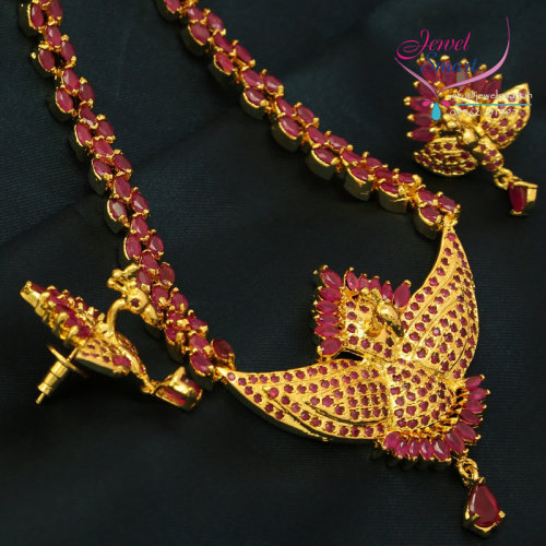 Indian Traditional Gold Plated Peacock Ruby Haaram Long Necklace Earrings