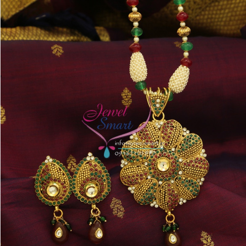 Beaded Synthetic Pearl Semi Precious Beads Jaipur Meena Balls Temple Pendant