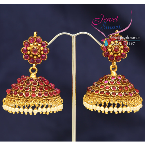 E0529 South Indian Fashion Traditional Kempu Temple Stones Jhumka Earrings 