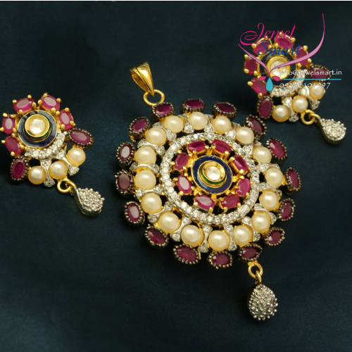PS0647 Indian Imitation Fashion Jewelry Gold Plated Ruby CZ Pendant Earrings