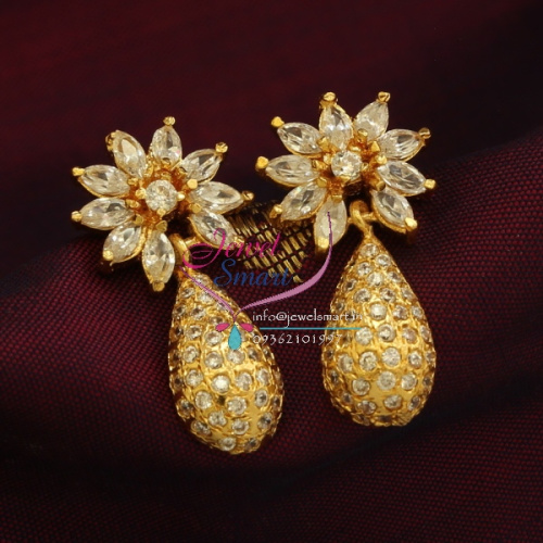 GPE0699 Screw Back Earrings White Gold Flower Pineapple Design Drops