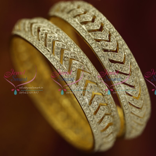 B6071S 2.4 Size 2 Pcs AD White Broad Sparkling Gold Plated Bangles Buy Online