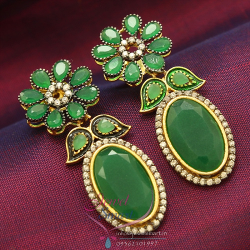E0757 Precious Gold Antique Finish Earrings Emerald American Diamond