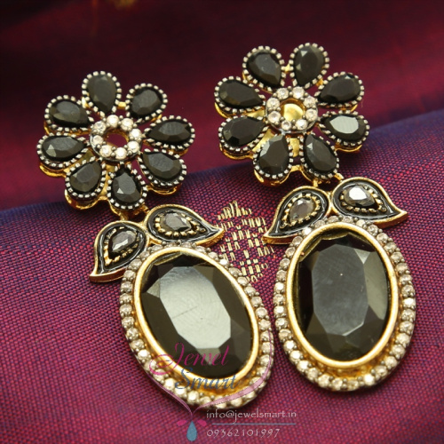 E0754 Precious Gold Antique Finish Earrings Black American Diamond