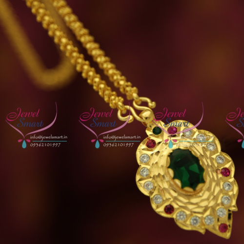 CS5320 Green Pendant Chain South Indian Traditional Jewellery American Diamond Gold Plated Handwork