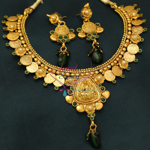 NL0767 Indian Traditional Temple Jewellery Gold Plated Laxmi Coin Necklace Earrings