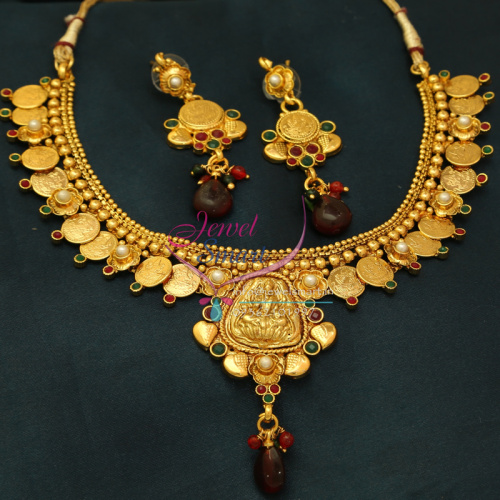 NL0768 Indian Traditional Temple Jewellery Gold Plated Laxmi Coin Necklace Earrings