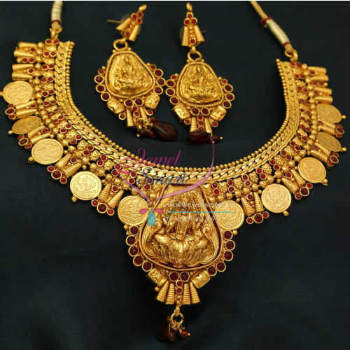 NL0773 Indian Traditional Temple Jewellery Gold Plated Laxmi Coin Necklace Earrings