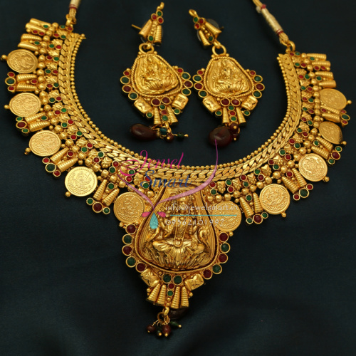 NL0774 Indian Traditional Temple Jewellery Gold Plated Laxmi Coin Necklace Earrings