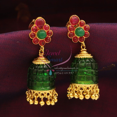 E0779 Exclusive Dual Colour Red Green Temple Gold Design Jewellery Online Jhumka Earrings