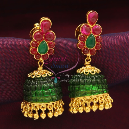E0780 Exclusive Dual Colour Red Green Temple Gold Design Jewellery Online Jhumka Earrings