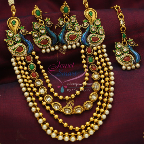 NL0838 Peacock Multi Line Antique Golden Beads Pearl Mala Tikka Jewellery Offer Price Online