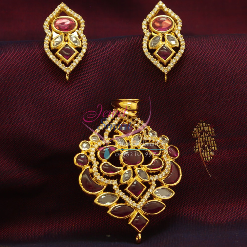 P0839 Gold Finish Spinel Ruby American Diamond Delicate Pendant Earrings