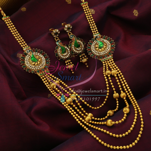 NL0929 Antique Multi Line Long Beads Mala Peacock Gold Design Mugappu Fashion Jewellery Online