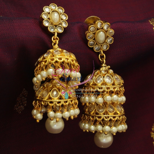 E0932 Polki Pearl Drops Double Layer Grand Jhumka Earrings Offer Price Online