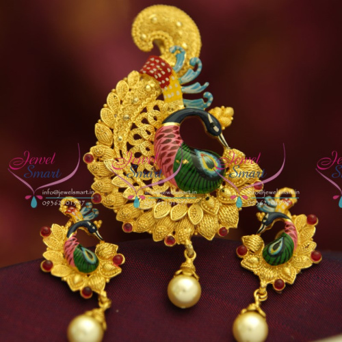 PS0945 Exclusive Peacock Latest Design Painting Work Real Look Pendant Set Online