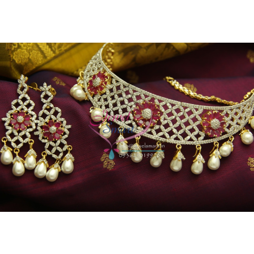 CH0975 CZ Ruby Stones Pearl Grand Choker Wedding Offer Price Dulhan Jewelry Online
