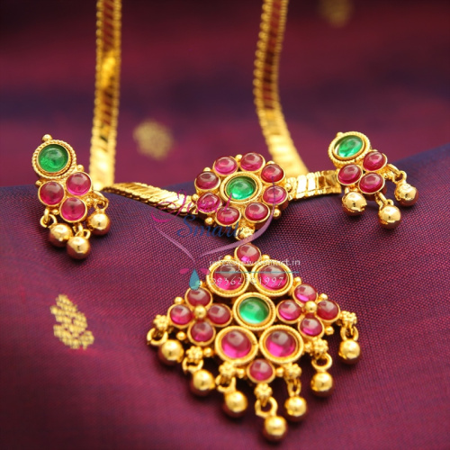 NL0992 Indian Traditional Temple Kempu Attigai Spinel Ruby Necklace Screw Back Earrings