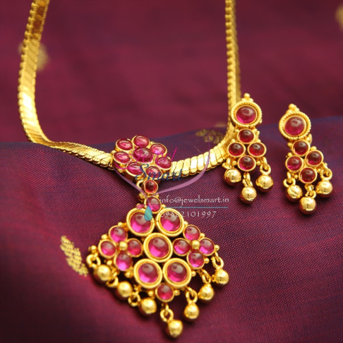 NL0993 Indian Traditional Temple Kempu Attigai Spinel Ruby Necklace Screw Back Earrings