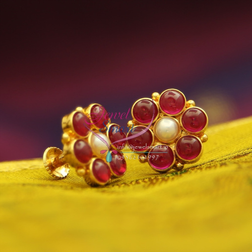 E1011 Gold Plated Screw Back Kempu Temple Stones Red Pearl Earrings