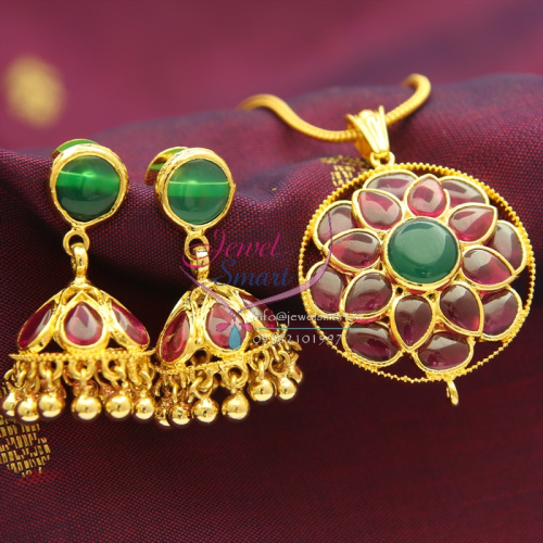 PS1012 Kempu Spinel Ruby Green Gold Finish Pendant Jhumka Earrings Traditional Jewelry