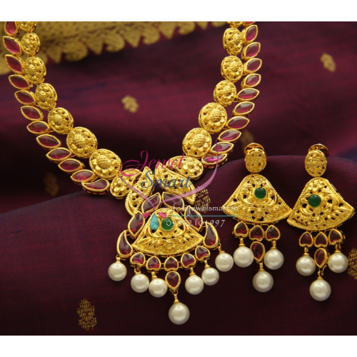 NL1021 Exclusive Gold Finish Original Kempu Spinel Ruby Pearl Drops Fashion Jewelry