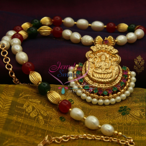 NL1031 Temple Laxmi Gold Design Delicate Pendant Ruby Emerald Pearl Mala Gold Plated
