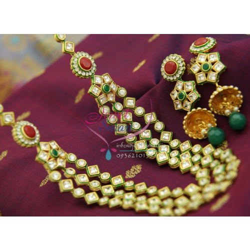 NL1157 Indian Traditional Antique Necklace Multi Strand AD Stones Meena Jhumka Fashion Jewelry