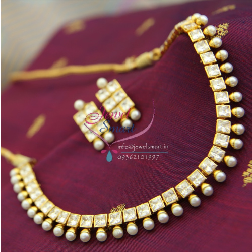 NL1159 Fancy AD Short Square Stone Pearl Drop Necklace Earrings Online Offer Price
