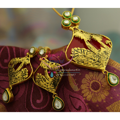 PS1167 Thewa Pendant Set Acrylic Red Kundan Meena Outline Pendant Set Fancy Jewelry
