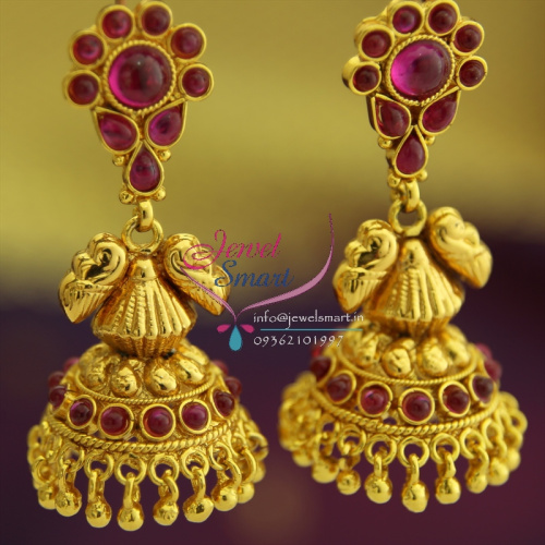 E0185 Gold Plated Kempu Temple Stones Jhumka Earrings Delicate Handmade