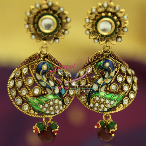 E4252 Gold Plated Antique Long Earrings Jhumka Synthetic Stones 