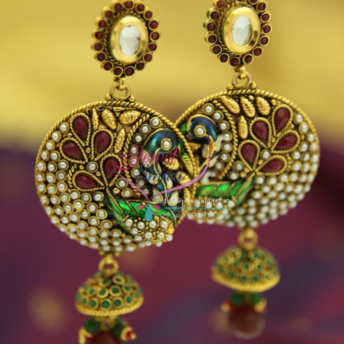 E4250 Gold Plated Antique Long Earrings Jhumka Synthetic Stones 